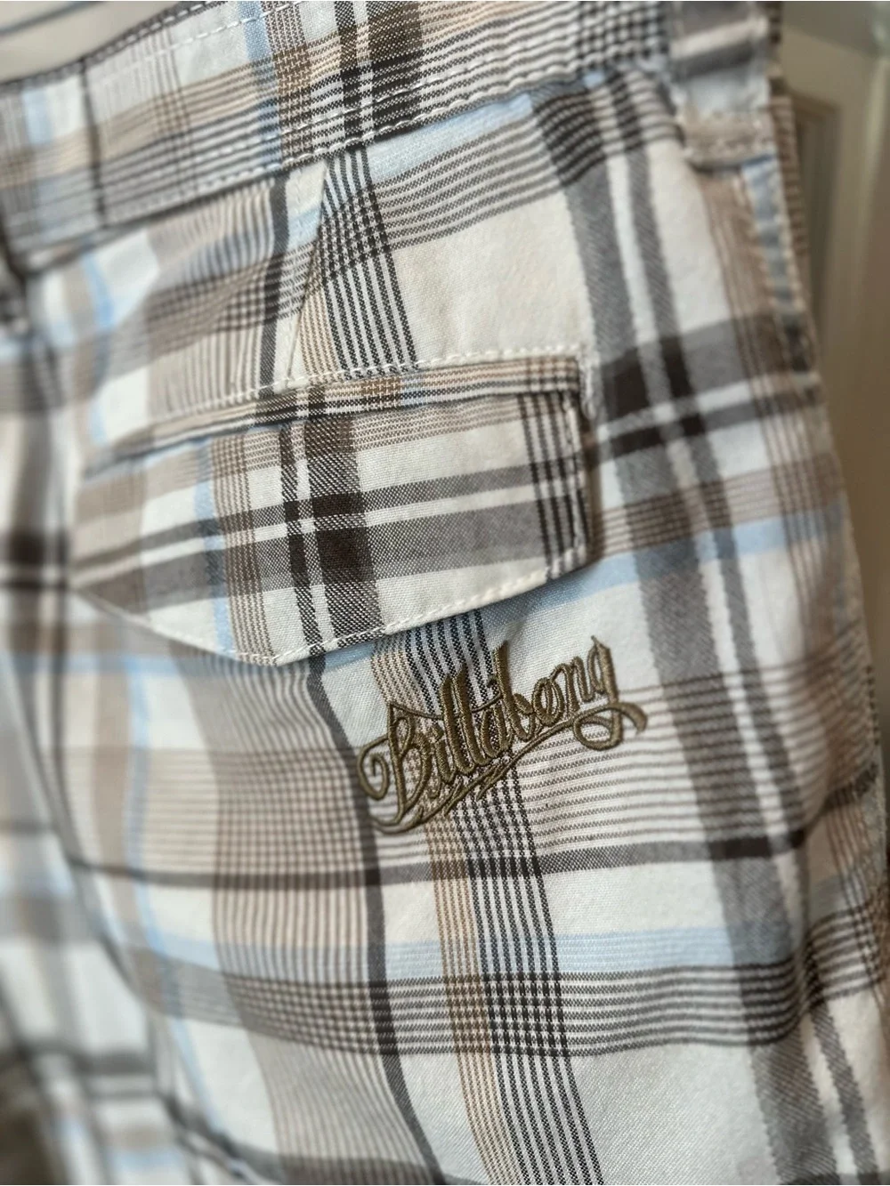 Billabong Tan Brown and Blue Plaid Shorts